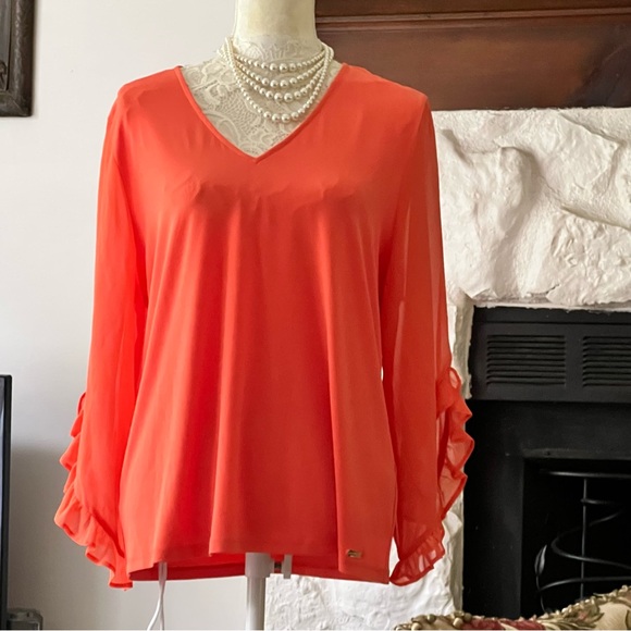 Calvin Klein Tops - Calvin Klein Coral Sheer V-Neck Blouse Size L
